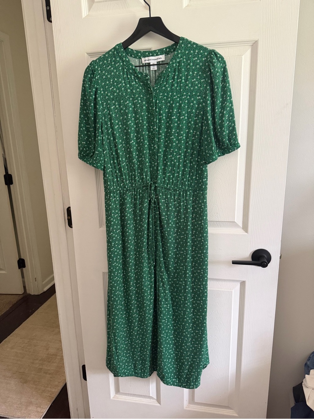 Amazon Essentials Green Floral Print Midi Dress with Drawstring Waist